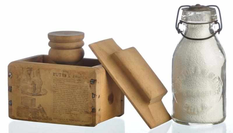 Appraisal: A H Reid Pint Milk Bottle Wooden Butter Press Description