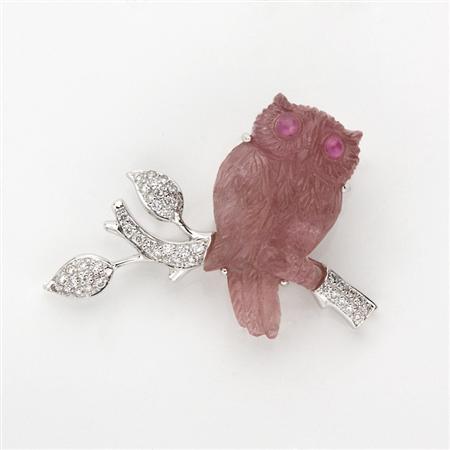 Appraisal: Carved Pink Tourmaline and Diamond Owl Brooch Estimate -