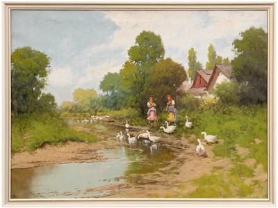 Appraisal: Laszlo Neogrady painting Hungarian - two girls with geese signed