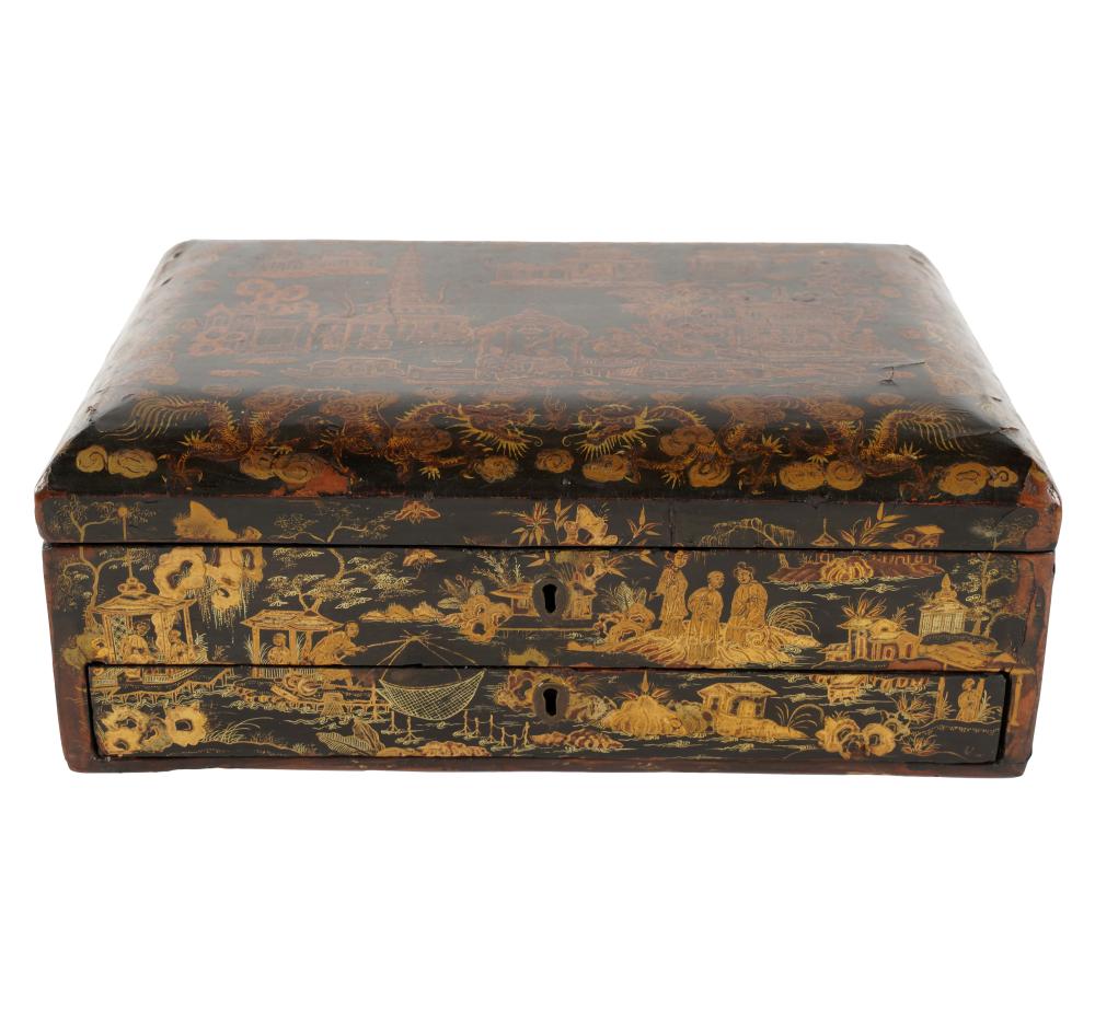 Appraisal: CHINESE LACQUERED BOXwith fitted interior and key inches wide inches