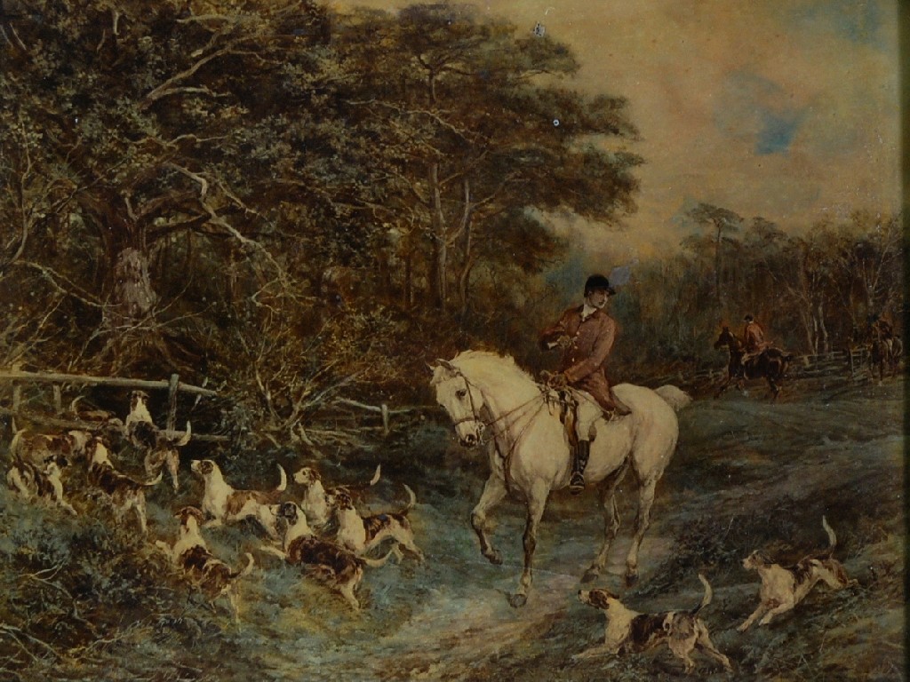 Appraisal: EARLY TWENTIETH CENTURY CRYSTOLEUM FOX HUNTING SCENE mounted huntsman and