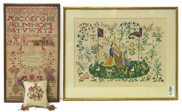 Appraisal: An embroidered sampler picture and pincushion th th century The