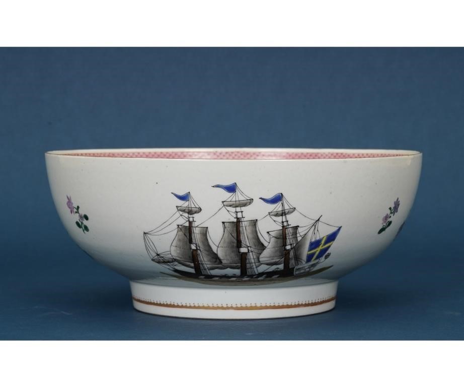 Appraisal: Chinese porcelain punch bowl th c decorated with ships flying