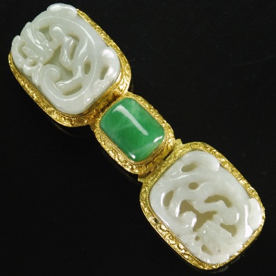 Appraisal: Mounted with matching white jade plaques carved of coiled chilongs