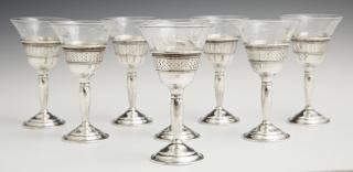 Appraisal: Set of Eight Etched Crystal and Sterling Sherry Gl Set