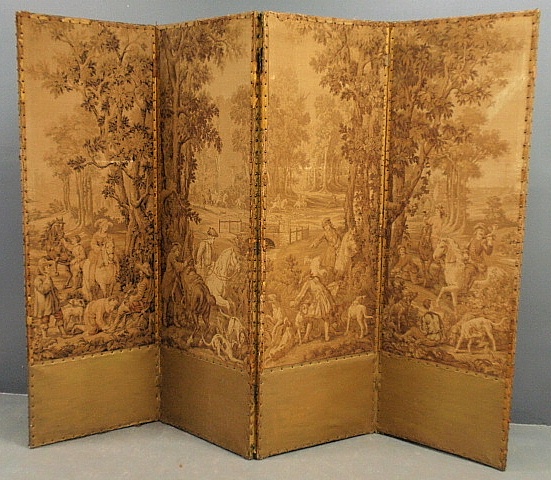 Appraisal: - Four-part dressing screen th c with woven tapestry type