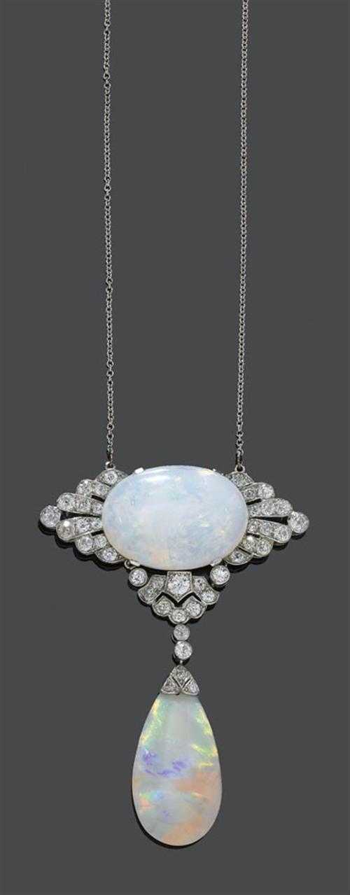 Appraisal: OPAL AND DIAMOND NECKLACE BROOCH ca Platinum Very fancy necklace