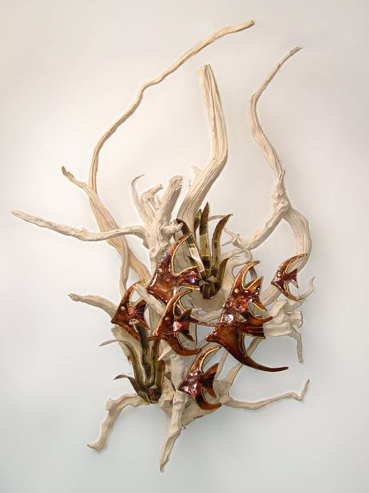 Appraisal: JENKINS Copper Angelfish sea plants on driftwood sculpture Measures approx