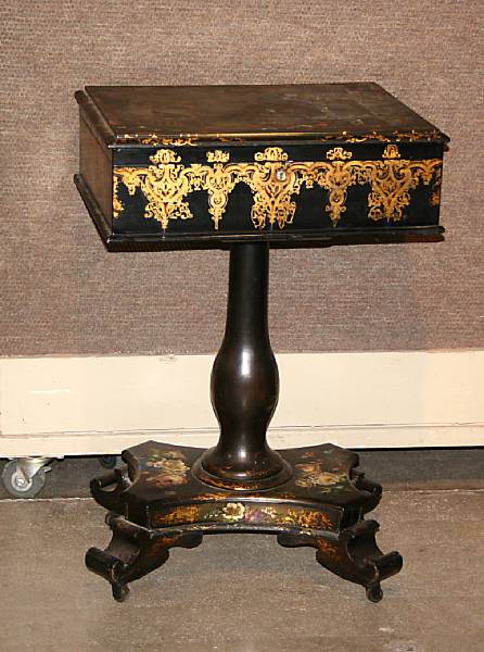 Appraisal: A Victorian shell inlaid ebonized papier mache sewing table circa