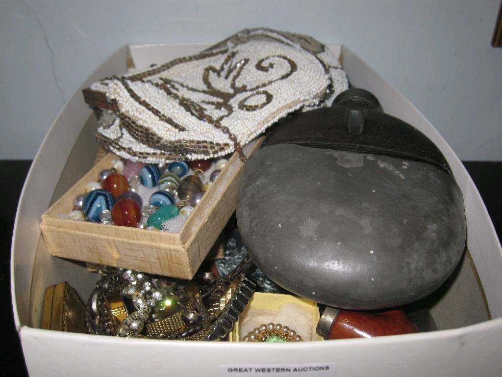 Appraisal: Box of miscellania - purses costume jewellery hip flask etc