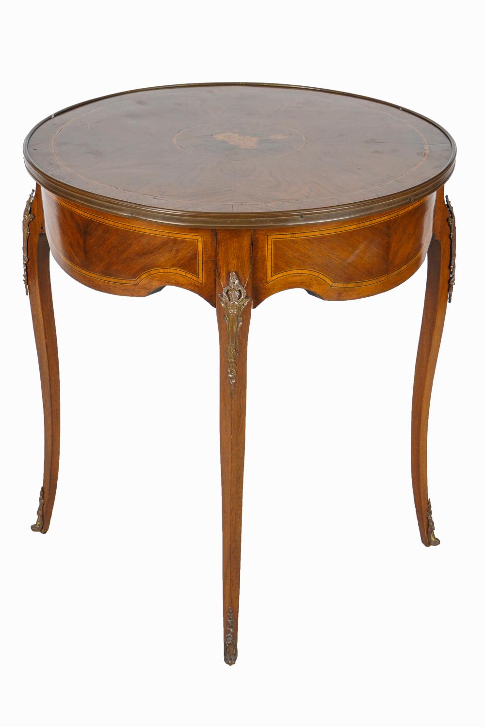 Appraisal: LOUIS XV-STYLE MARQUETRY LAMP TABLEthe circular top with central floral