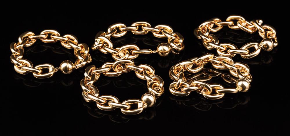 Appraisal: Five Italian kt Yellow Gold Chain Link Bracelets with magnetic