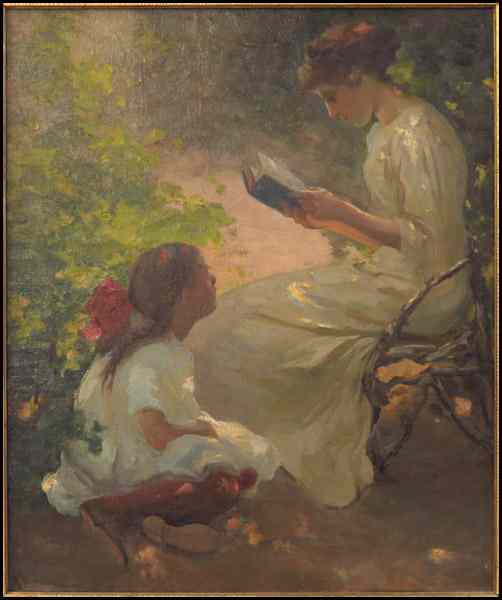 Appraisal: JEAN MANNHEIM - STORY TIME IN THE GARDEN Oil on