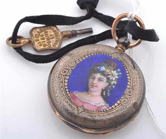 Appraisal: A GOLD POCKET WATCH IN CT GOLD WITH ENAMEL DETAIL