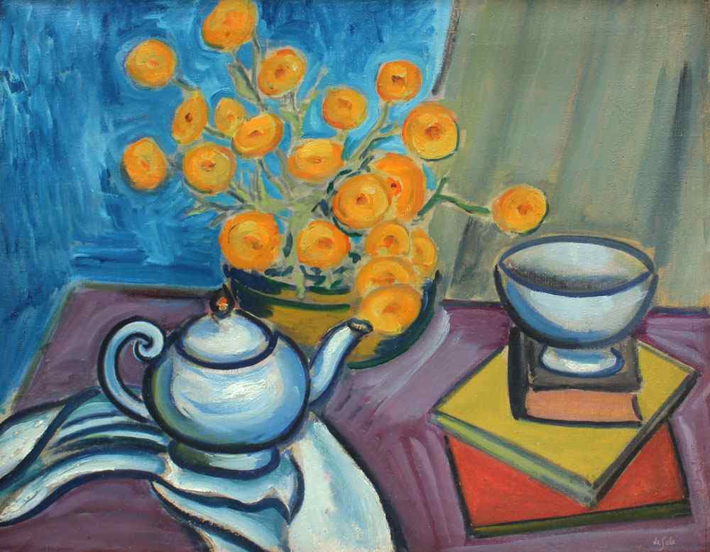 Appraisal: DE SALA Eugene Danish - Still Life With Flowers Teapot