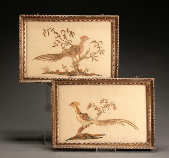 Appraisal: Pair of Needlework Pictures of Pheasants Probably English Worked by