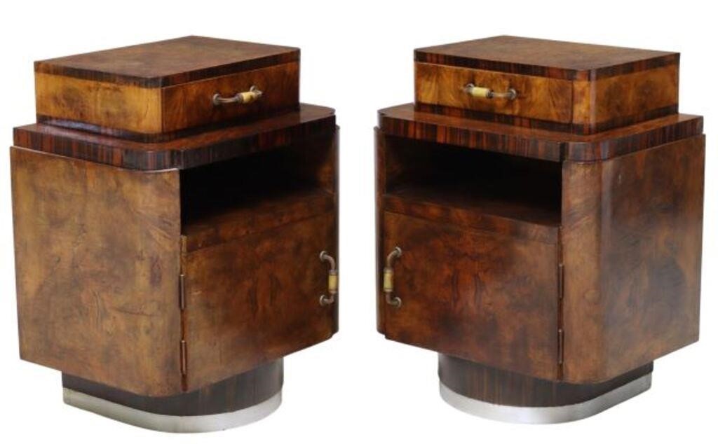 Appraisal: pair Italian Art Deco burlwood nightstands c s single drawer