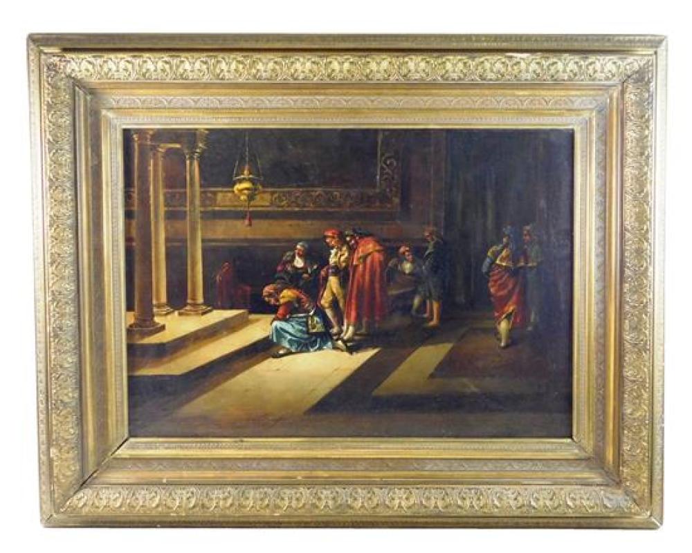 Appraisal: th C oil on canvas Bullfighters Praying depicts a congregate