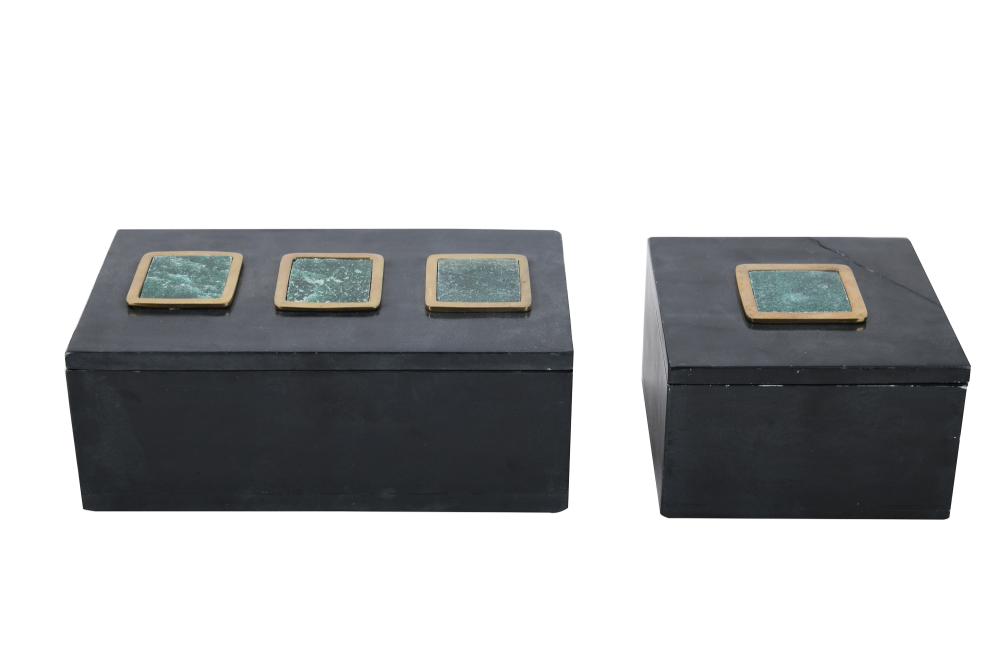 Appraisal: TWO MARBLE BOXESeach with brass bordered green stone top Condition