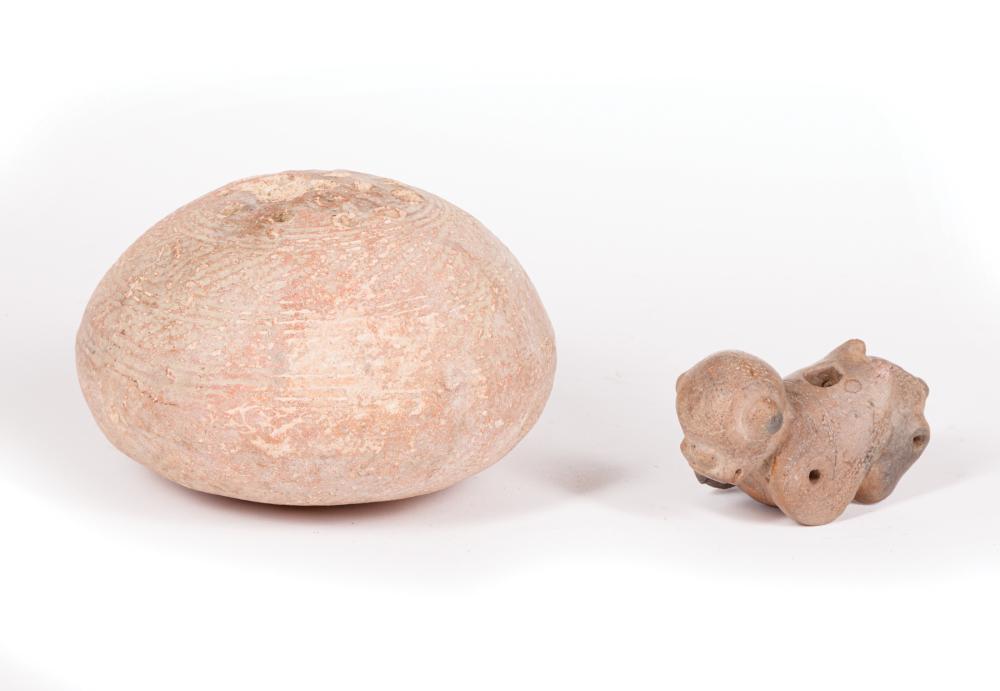 Appraisal: Pre-Columbian Pottery Rattle and Animal-Form Whistle rattle with incised geometric