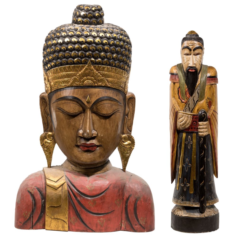 Appraisal: CARVED ETHNOGRAPHIC SCULPTURES items including a carved wood Buddha floor