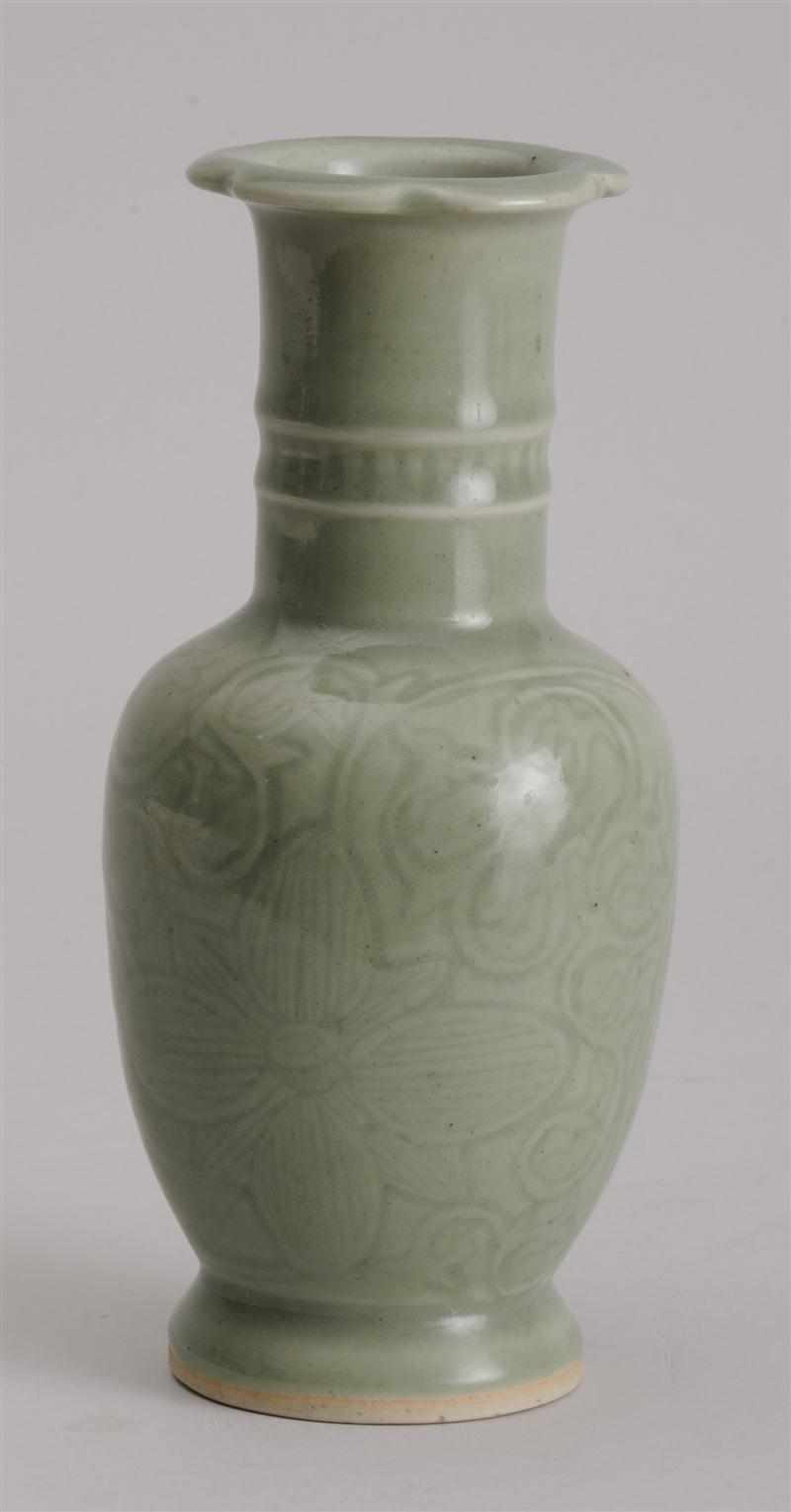 Appraisal: CHINESE CELADON-GLAZED BALUSTER-FORM VASE Incised with four-petal flowerheads and scrolls