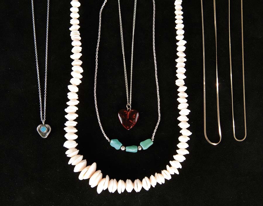 Appraisal: LOT OF SIX NECKLACES Shell necklace with small turquoise nugget