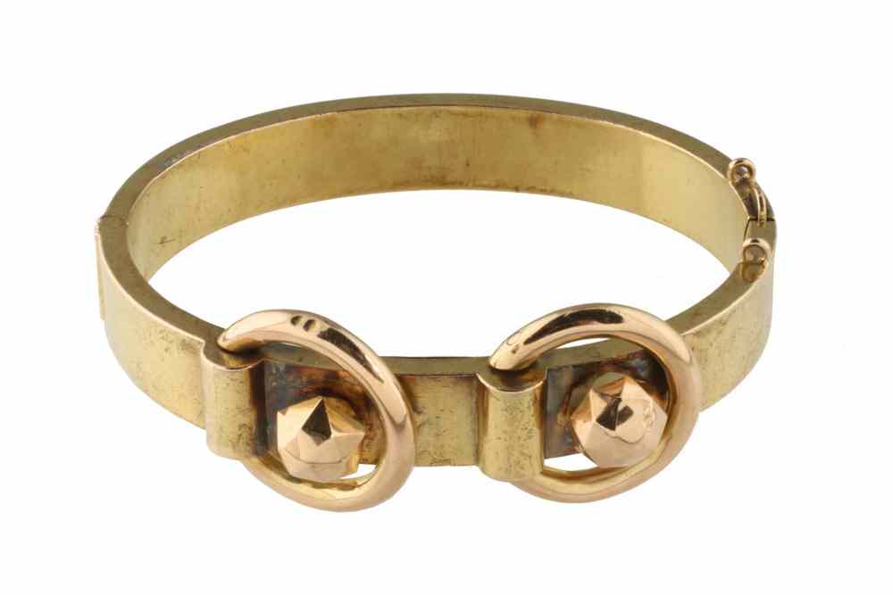 Appraisal: BRACELET - Victorian K yellow gold hinged cuff bracelet Safety