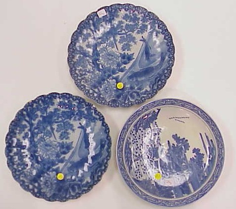 Appraisal: Three Japanese blue and white transfer decorated chargers late th