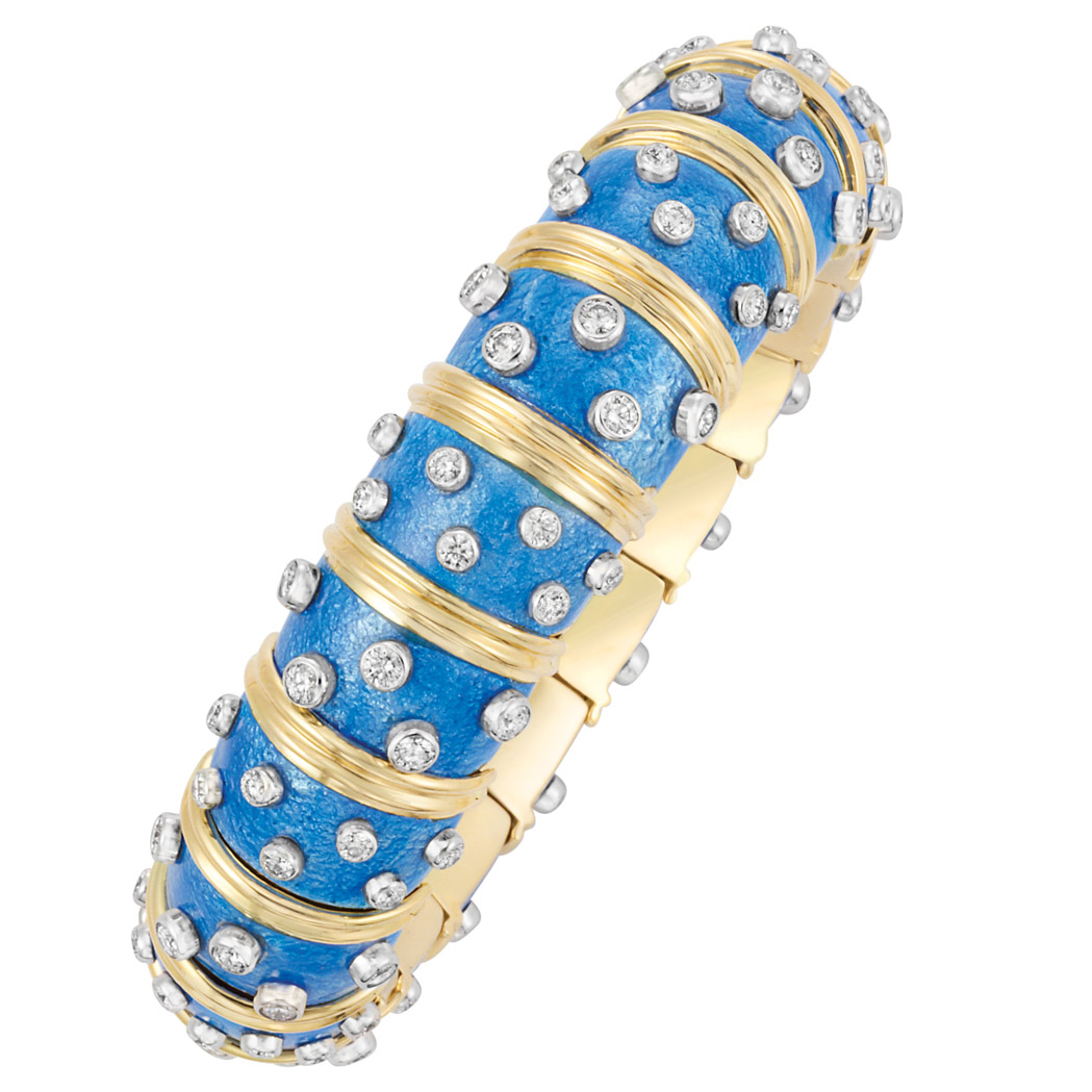 Appraisal: Gold Platinum Deep Powder Blue Enamel and Diamond Bangle Bracelet