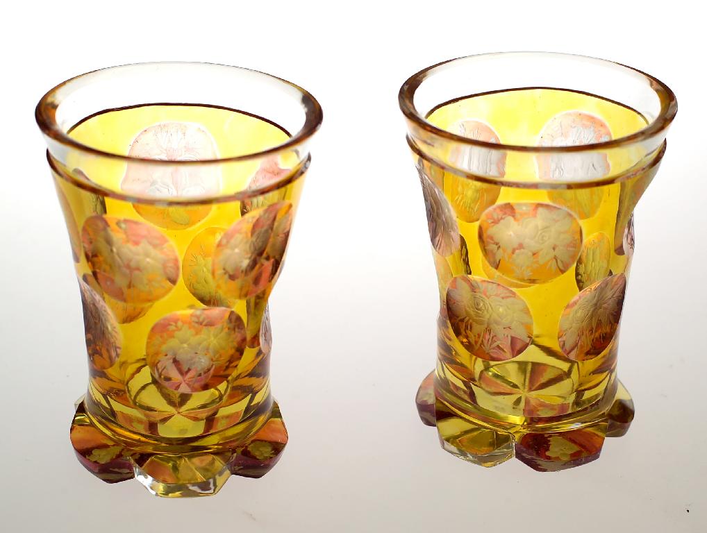 Appraisal: PAIR OF BOHEMIAN AMBER AND RUBY FLASH BEAKERS mid- th