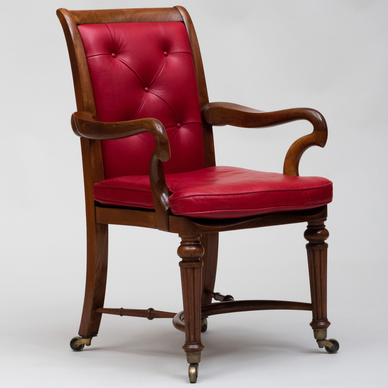 Appraisal: WILLIAM IV STYLE MAHOGANY TUFTED UPHOLSTERED ARMCHAIR On casters The