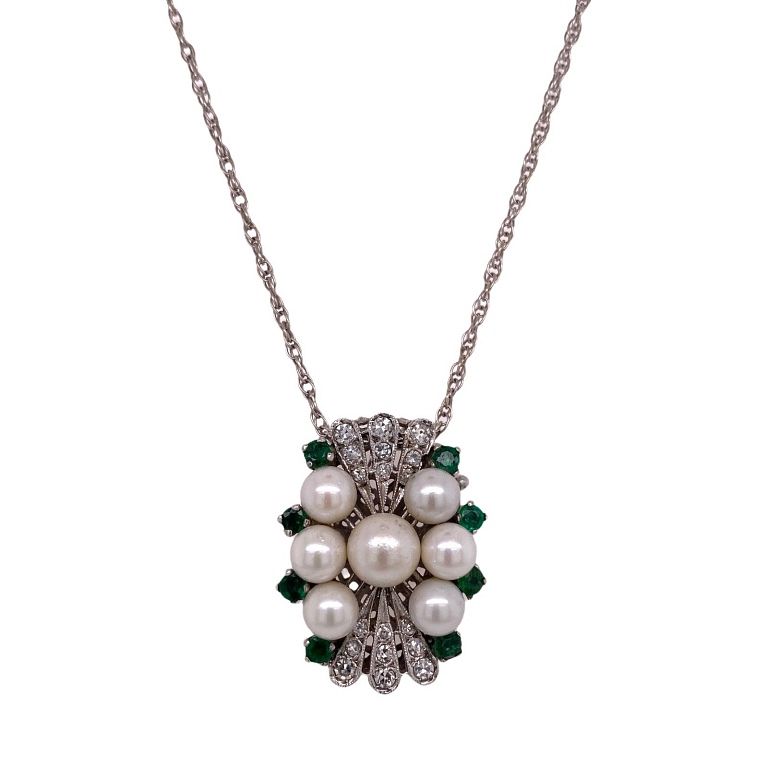 Appraisal: Emerald Diamond Pearl Vintage Pendant Necklace K Diamond emerald cultured