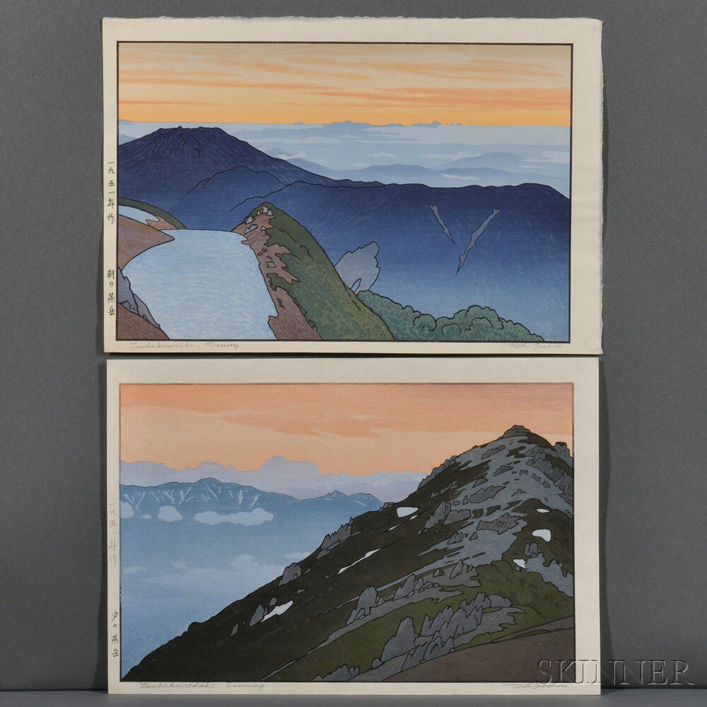 Appraisal: Toshi Yoshida - Two Color Woodblock Prints Japan Tsubakurodate Morning