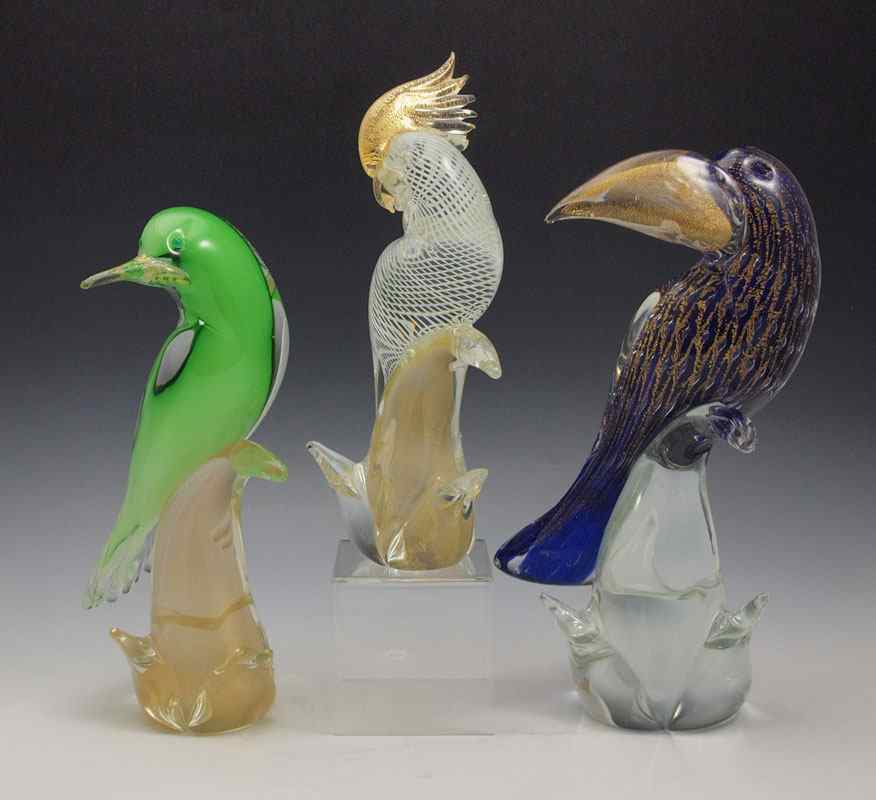 Appraisal: MURANO GLASS BIRDS To include Parrot with white ribbon on