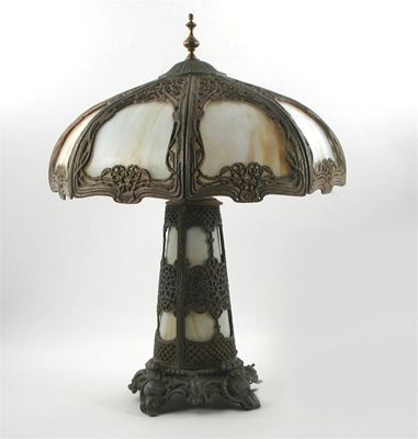 Appraisal: An American patinated metal and glass table lamp the pierced