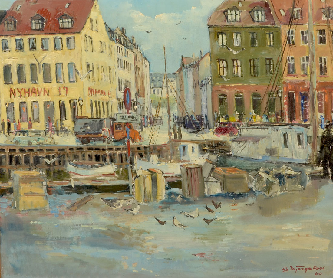 Appraisal: ILLEGIBLY SIGNED COPENHAGEN PAINTING ''Depicts a Harbor Scene with Nyhavn''