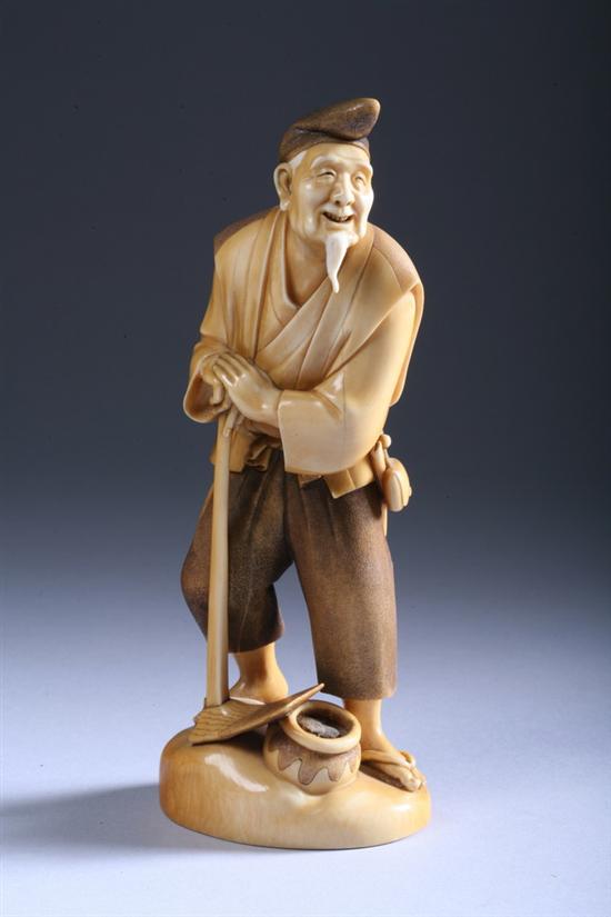 Appraisal: JAPANESE IVORY OKIMONO OF FARMER Meiji period Standing wearing hat