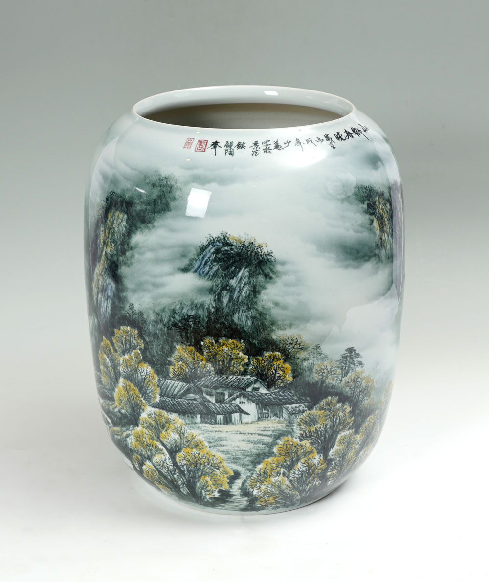 Appraisal: LARGE ORIENTAL PAINTED MOUNTAINOUS LANDSCAPE VASE Large finely painted Asian