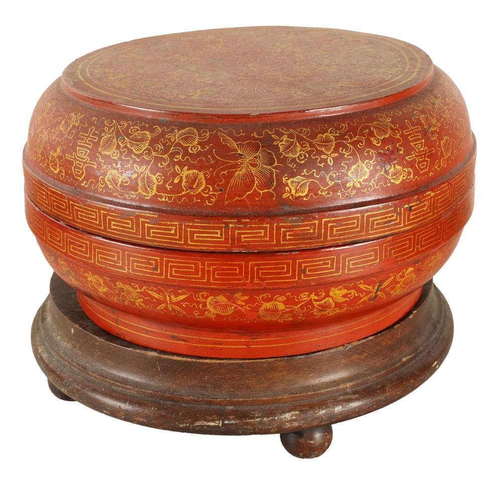 Appraisal: CHINESE ROUND LACQUERED BOXon a round footed wood stand Condition