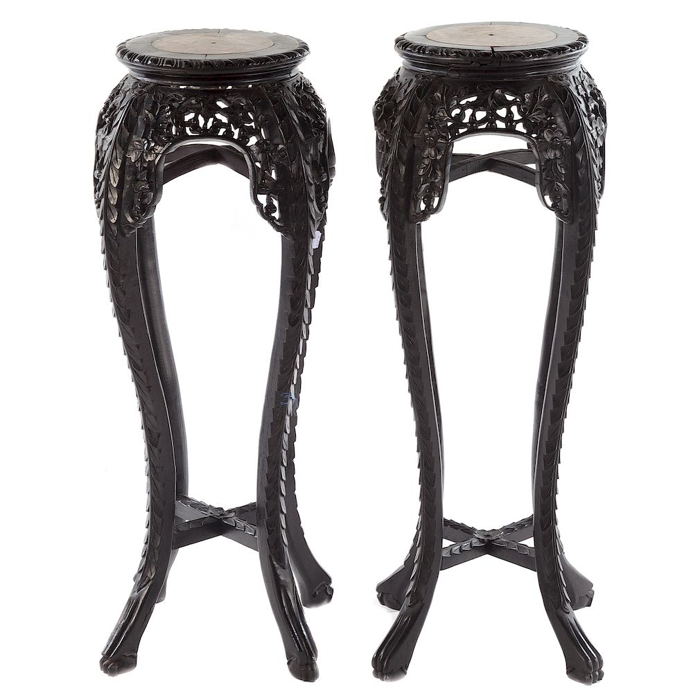 Appraisal: Pr Chinese Ebonized Marble Topped Fern Stands th century inset