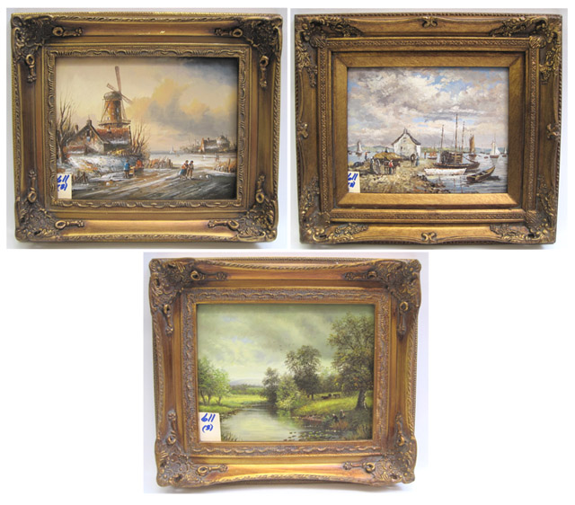 Appraisal: THREE OIL PAINTINGS ON WOOD PANEL Continental School th century