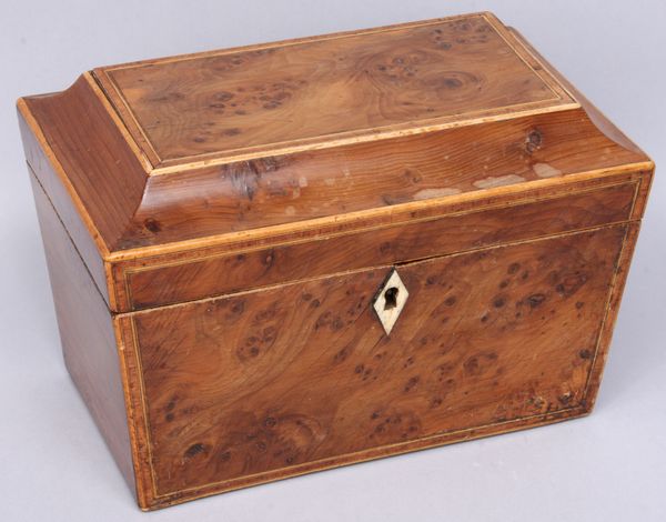 Appraisal: Circa English faded burr mahogany tea caddy h x l