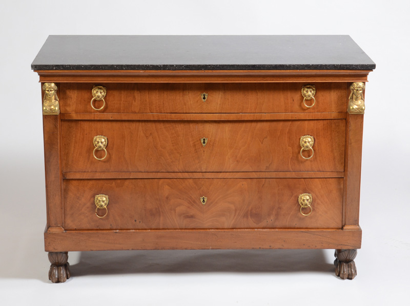 Appraisal: EMPIRE ORMOLU-MOUNTED WALNUT COMMODE With a rectangular marble top above