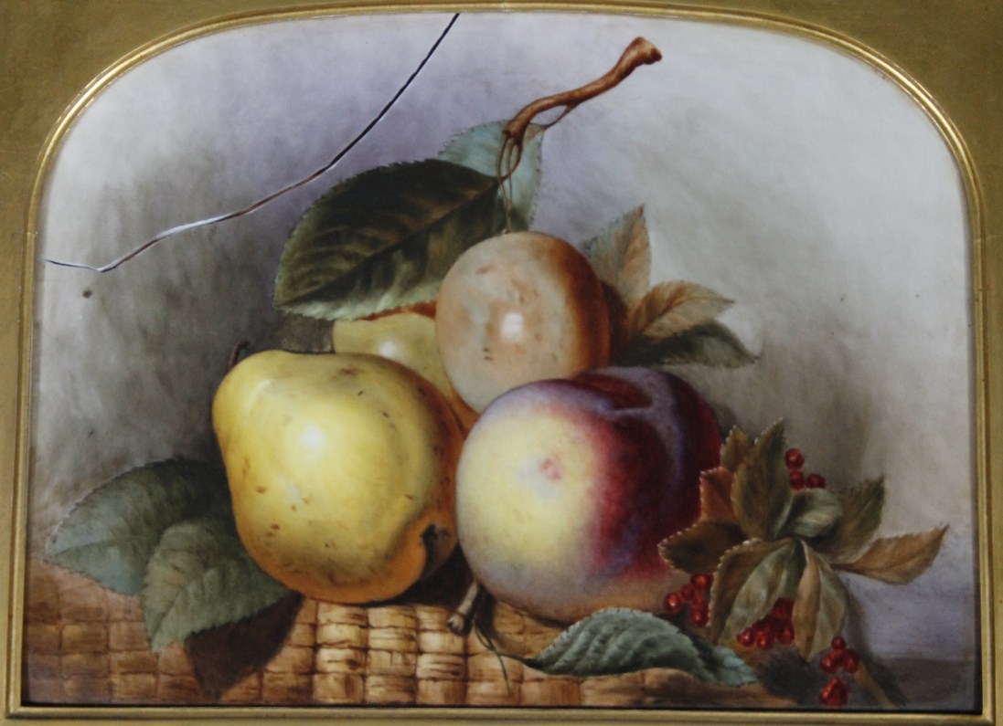 Appraisal: thC School Still life summer fruits on porcelain plaque possibly