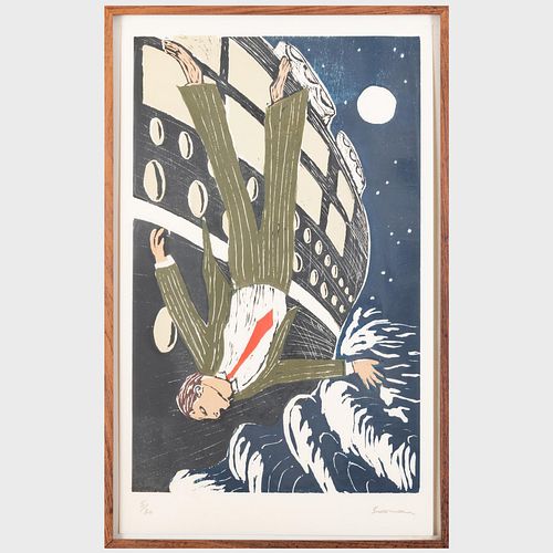 Appraisal: RICHARD BOSMAN B MAN OVERBOARDWoodcut in colors on chine signed