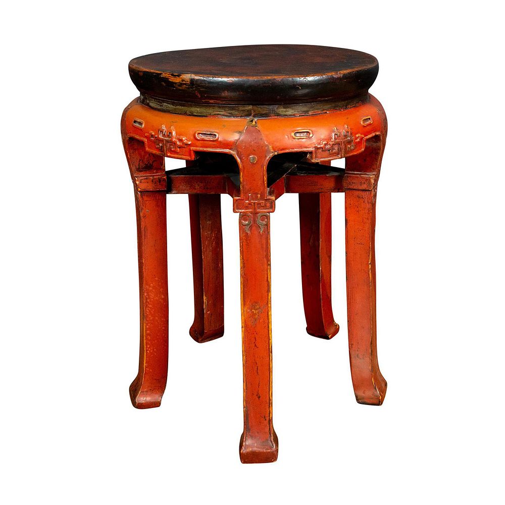 Appraisal: TH CENTURY -LEGGED CARVED WOODEN ROUND STOOL CHINA Red black