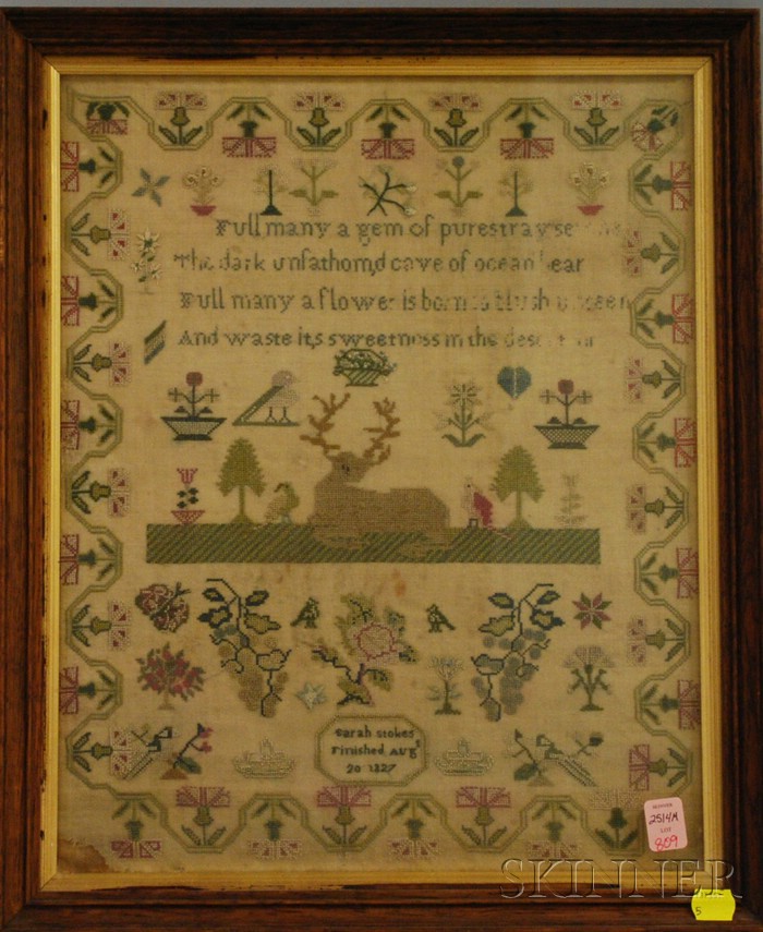 Appraisal: Needlework Sampler Sarh Stokes finished Aug't England worked in silk