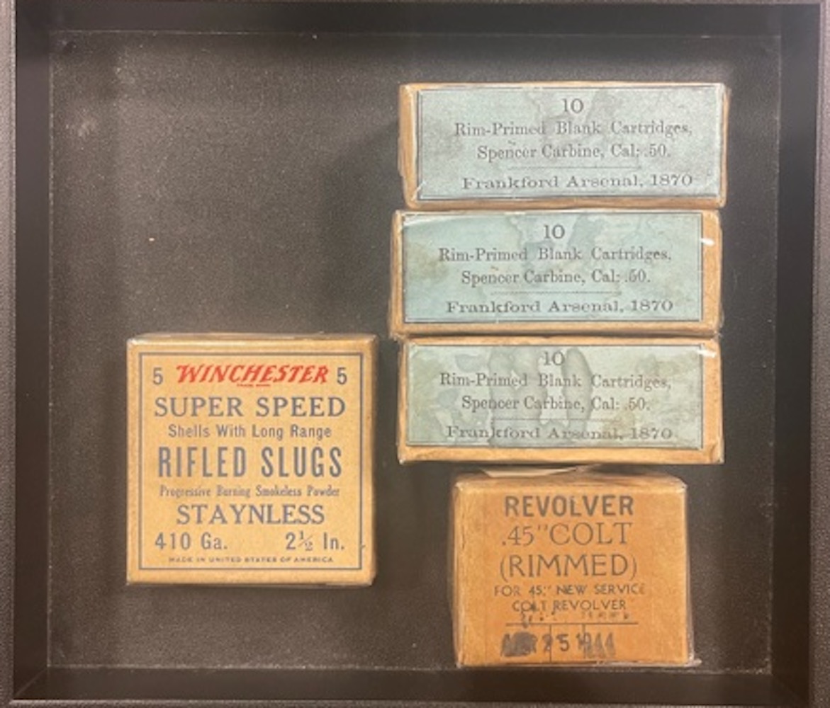 Appraisal: AMMO BOXES Including Winchester slugs Colt and Spencer Carbine Cartridges