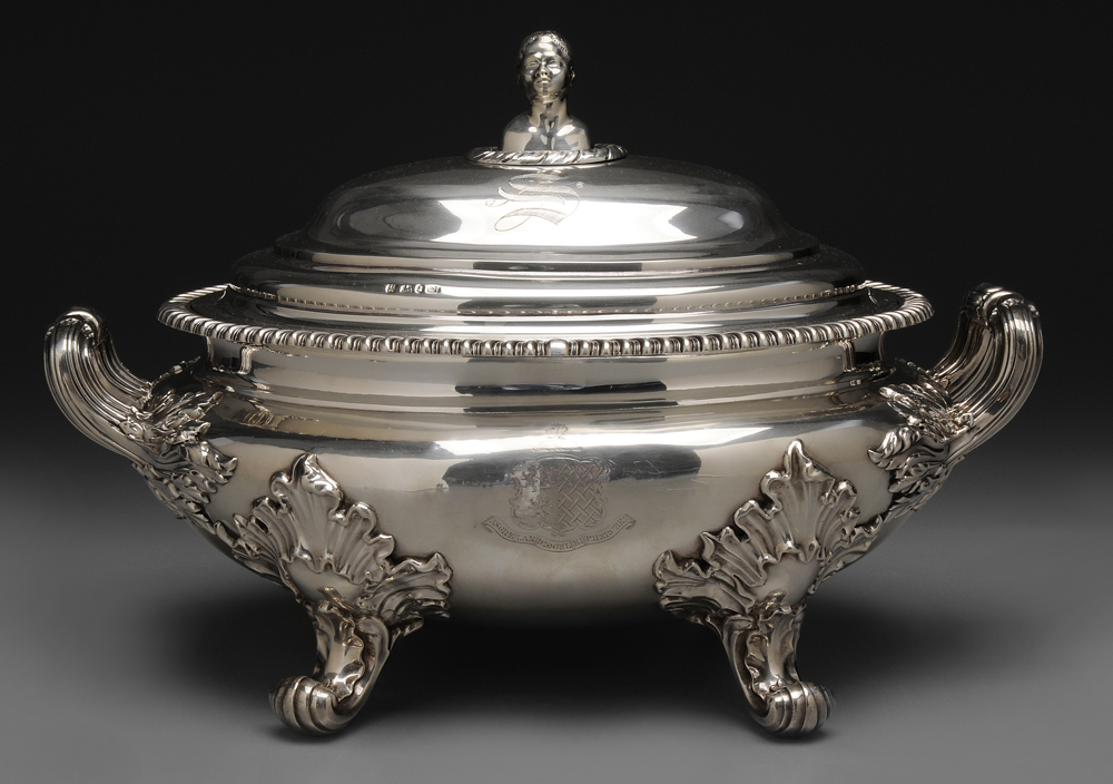 Appraisal: Fine English Silver Covered Tureen Blackamoor Finial Sheffield oval with